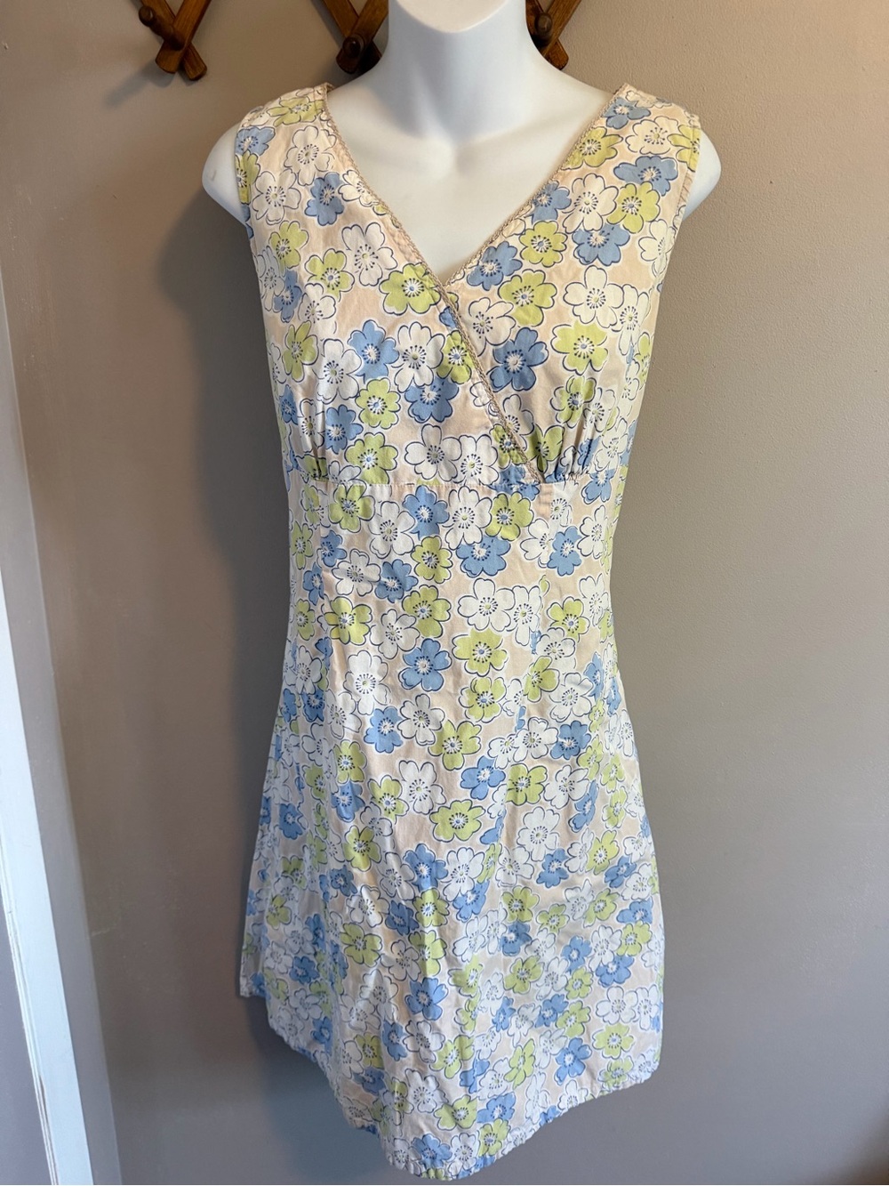 Y2K Faded Glory Floral Surplice Neck Cotton Sundress Blue Green Beige 10